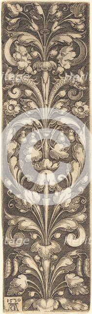 Sprig of Ornamental Foliage with Two Masks and Two Dolphins, 1530. Creator: Heinrich Aldegrever.