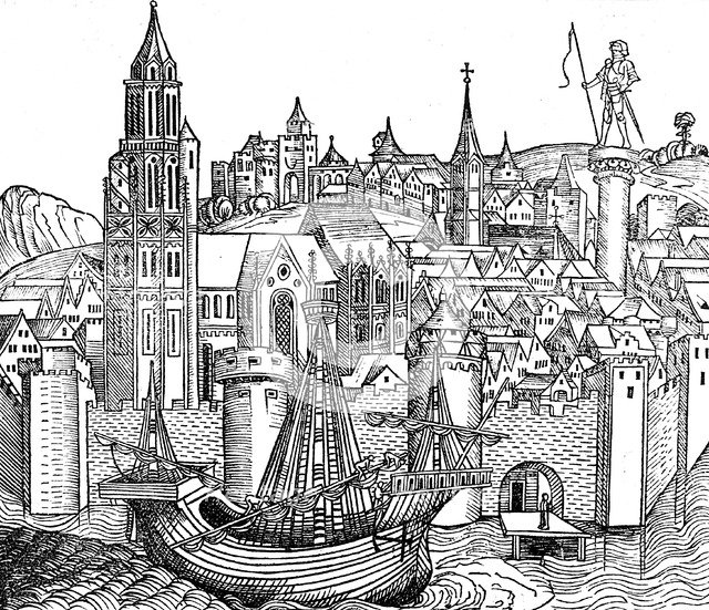 View of fortified city, 1493. Artist: Unknown