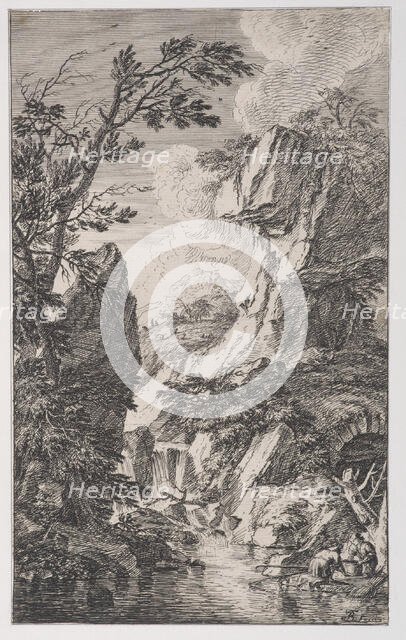 Plate 4: two fishermen on the bank of a stream at right, a waterfall at center, fro..., ca. 1700-25. Creator: Franz Joachim Beich.