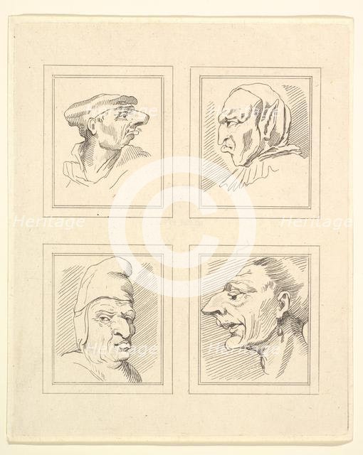 Four Heads (from Characaturas by Leonardo da Vinci, from Drawings by Wincelslaus Hollar, o..., 1786. Creator: Unknown.