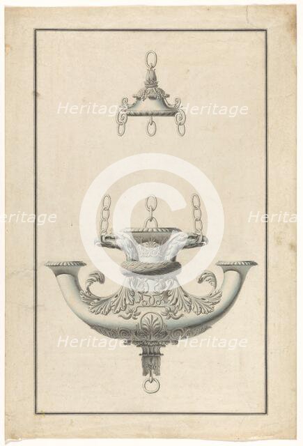 A hanging, patinated bronze lamp for three candles, decorated with eagle heads, c.1805-c.1820. Creator: Anon.