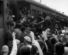 Russian Soldiers Being Waved to as They Head Off to the Front by Train, 1941. Creator: British Pathe Ltd.