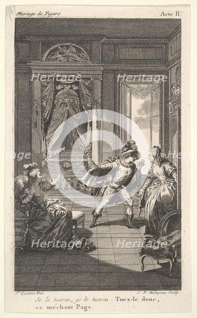 A man leans toward a woman standing in a doorway at right, at left a seated woman rais..., ca. 1784. Creator: Claude Nicolas Malapeau.