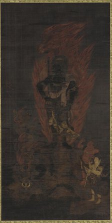 Fudo Myo 'o, with attendants Kongara and Seitaka, Muromachi period, 14th-15th century. Creator: Unknown.