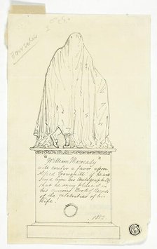 Visiting Card with Draped Monument, Artist's Inscription, 1852. Creator: Alfred Crowquill.