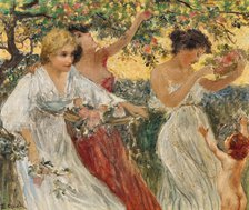Spring, three graces under a blossoming tree. Creator: Czech, Emil (1862-1929).