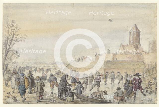 Winter Scene on the Frozen Canal near the Kalverhekkenpoort, Kampen, before 1607. Creator: Hendrick Avercamp.