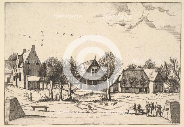 Country Village, archers in the foreground from Multifariarum casularum ruriumque linea..., 1559-61. Creator: Johannes van Doetecum I.