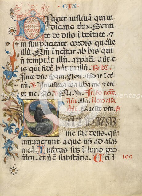 Initial S: A Monk Praying in the Water; Noted Breviary, about 1420. Creator: Unknown.