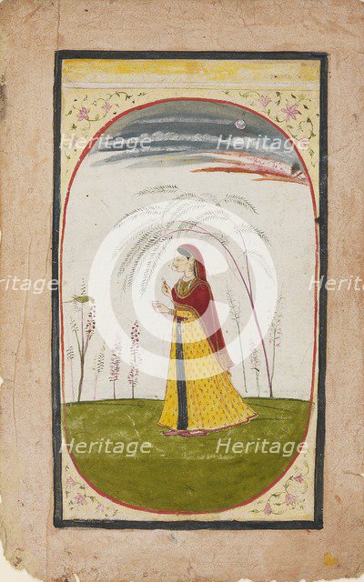 A lady in a sparse landscape, holding a flower and cup, early 19th century. Artist: Unknown.