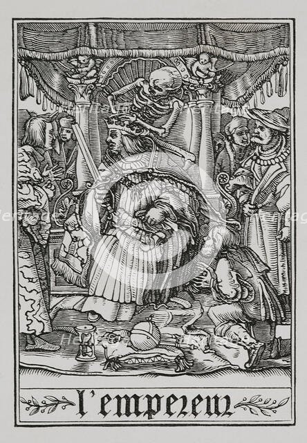 The Emperor visited by Death from "The Dance of Death", 1538, (1877).  Creator: Unknown.