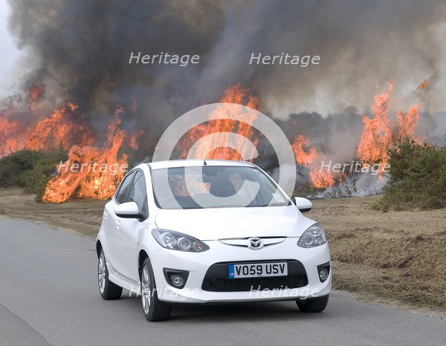 2010 Mazda 2 Sport, controlled burning in New Forest Artist: Unknown.