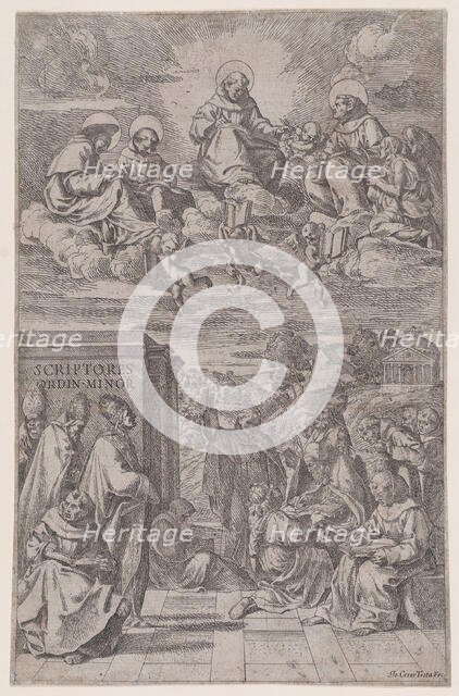 Ecclesiastics in a landscape writing, others in the heavenly realm above, c1650. Creator: Giovanni Cesare Testa.