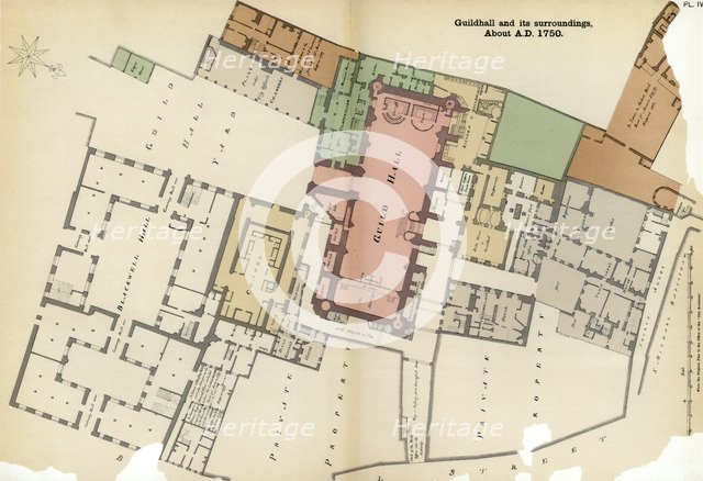 Plan of Guildhall and its surroundings, City of London, c1750 (1886). Artist: Unknown