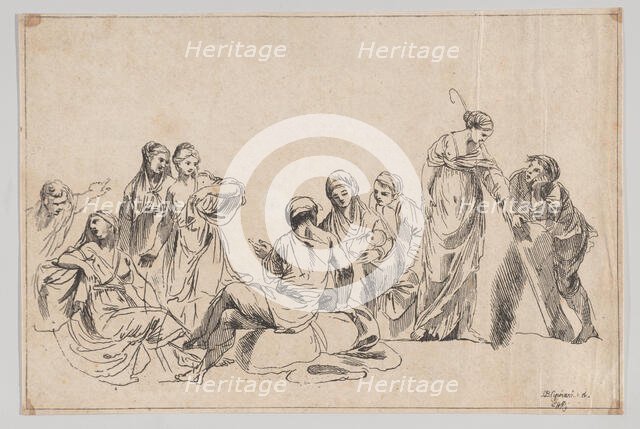 A group of nine women, one at center holds a baby and one at right holds a shepherdes..., 1750-1850. Creator: Anon.