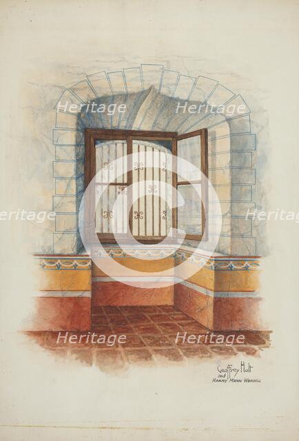 Restoration Drawing: Wall Painting Around Window, with Grille, c. 1939. Creators: Geoffrey Holt, Harry Mann Waddell.
