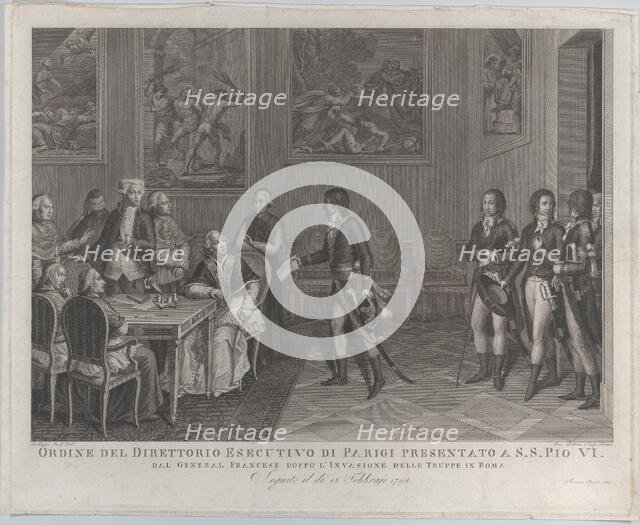French general handing Directory order to Pope Pius VI after invasion of Rome..., 1801. Creator: Giovanni Petrini.