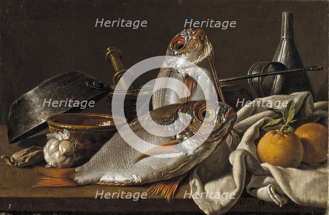 Still Life With Bream, Oranges, Garlic and Kitchen Utensils, 1772. Artist: Meléndez, Luis Egidio (1716-1780)