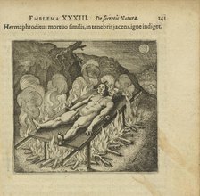 Emblem 33. The hermaphrodite, lying like a dead person in darkness, needs fire, 1816. Creator: Merian, Matthäus, the Elder (1593-1650).
