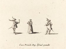 Lady with Wine Bottle, and Two Gentlemen, probably 1634. Creator: Jacques Callot.