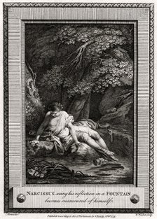 'Narcissus seeing his reflection in a Fountain becomes enamourd of himself', 1775. Artist: W Walker