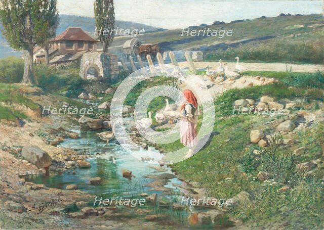 Landscape with goosegirl, 1890-1900. Creator: Vojtech Angyal.