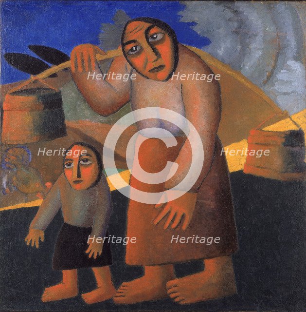 Peasant Woman with Buckets and Child, c. 1912. Artist: Malevich, Kasimir Severinovich (1878-1935)