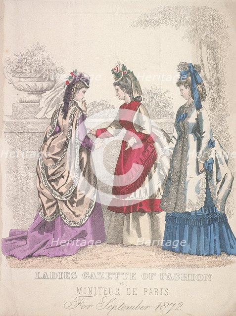 Two women on the left wearing seaside fashions, the woman on the right wears a garden dress, 1864. Artist: Anon