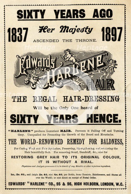 Edwards Harlene hair dressing, 1897. Artist: Unknown