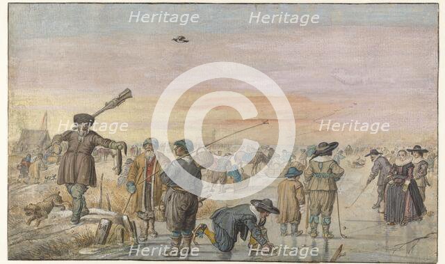 Winter Scene on the Ice, with a Hunter Showing an Otter, c.1625-c.1630. Creator: Hendrick Avercamp.