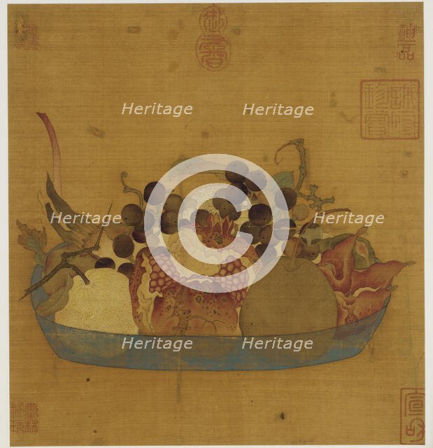 A blue glass dish filled with fruit, Ming dynasty, 1368-1644. Creator: Unknown.