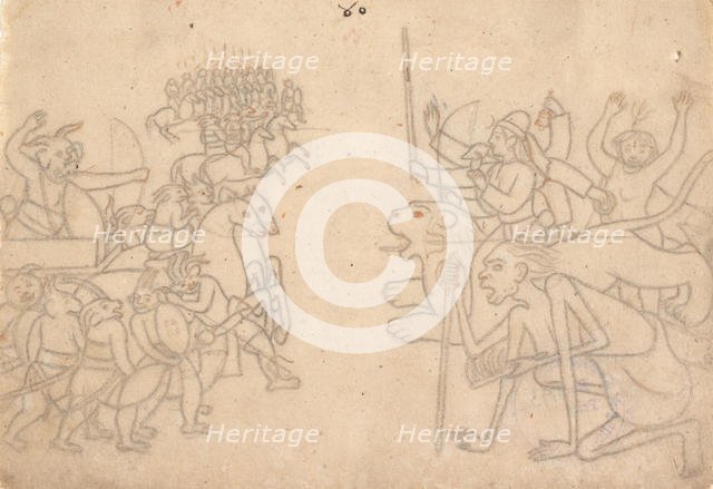 Durga and Kali Approach the Gathered Armies of Chanda and Munda... the Devi Mahatmya , c.1780. Creator: Unknown.