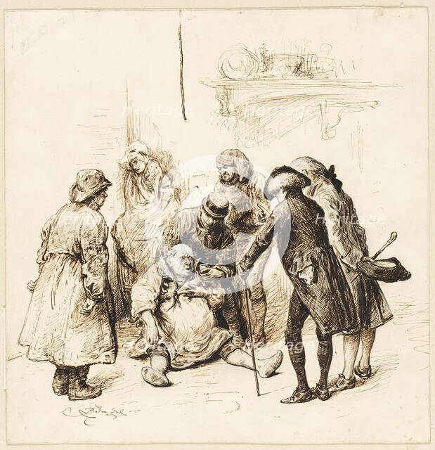 Two Gentlemen Helping a Drunk, 1880/96. Creator: Frederick Barnard.