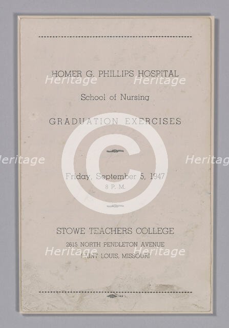 Graduation programme for the Homer G. Phillips Hospital School of Nursing, September 5, 1947. Creator: Unknown.
