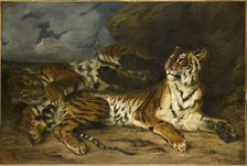 Young Tiger Playing with Its Mother, 1830. Creator: Delacroix, Eugène (1798-1863).