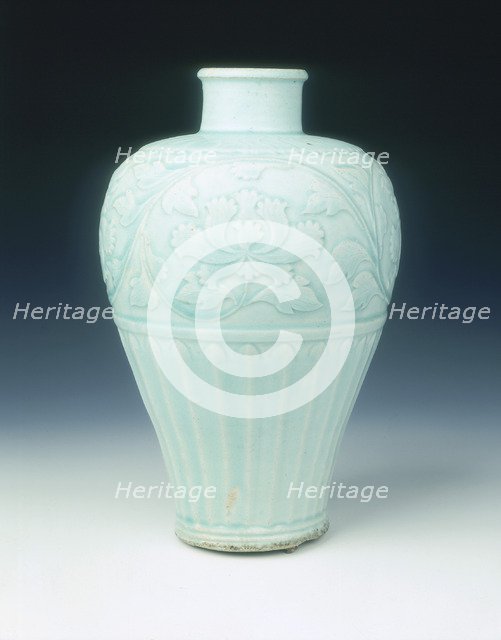 Qingbai meiping vase with carved peonies, Yuan dynasty, China, late 13th-early 14th century. Artist: Unknown