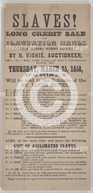Broadside for a New Orleans auction of 18 enslaved persons from Alabama, 1858. Creator: Unknown.