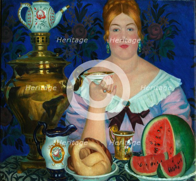 The Merchant's Wife Drinking Tea, 1923. Artist: Kustodiev, Boris Michaylovich (1878-1927)