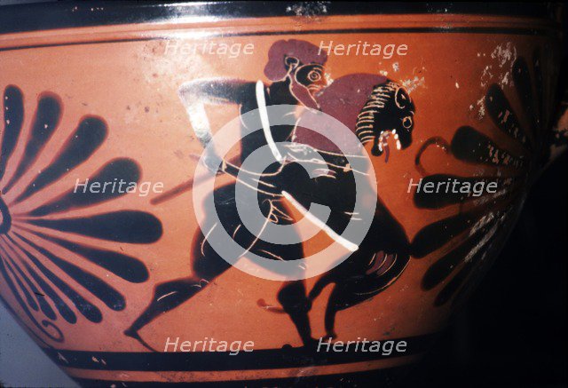 Greek Vase-Painting Hercules fights the Lion, c6th century BC.
