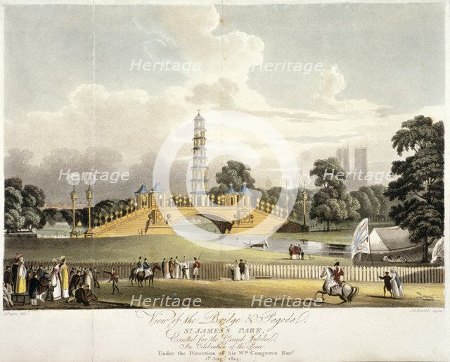 View of the Chinese bridge and pagoda in St James's Park, London, 1814. Artist: JR Hamble
