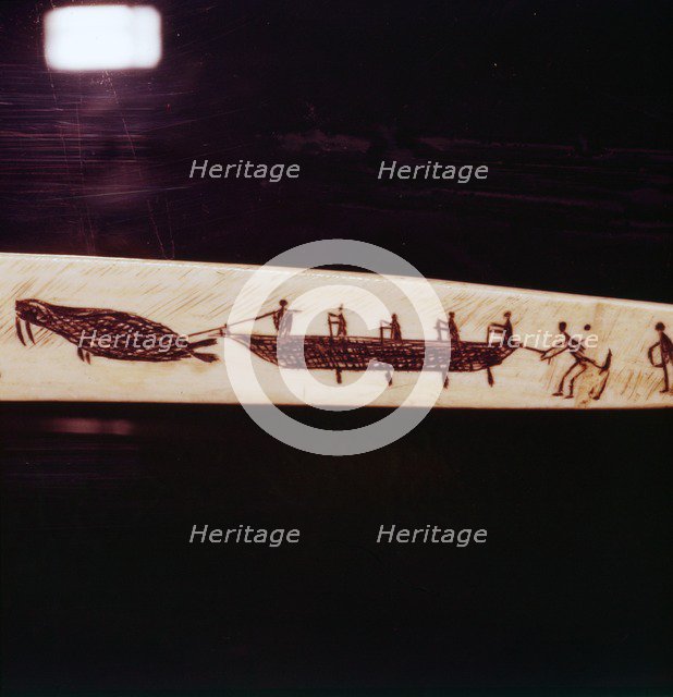 Walrus Hunt, detail of carving on Eskimo snow-knife, walrus ivory, 19th century. Artist: Unknown.