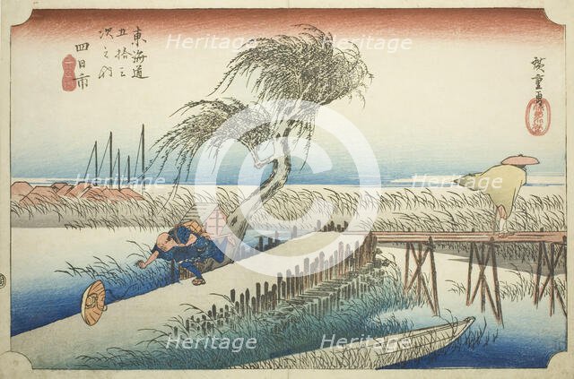Yokkaichi: Mie River (Yokkaichi, Miegawa), from the series "Fifty-three Stations of..., c. 1833/34. Creator: Ando Hiroshige.