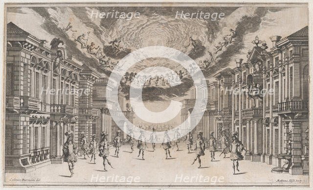 A group of young men dancing as the gods look on from above; set design from 'Il Pomo D'Or..., 1668. Creator: Mathäus Küsel.