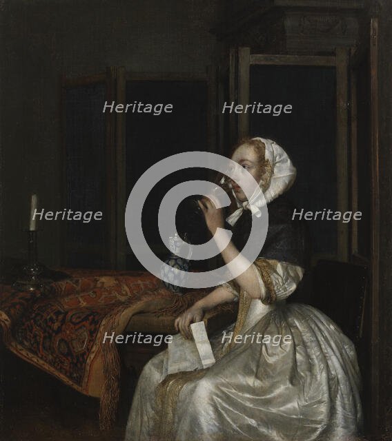 Young woman with a glass of wine, holding a letter in her hand, c1665. Creator: Gerard Terborch II.