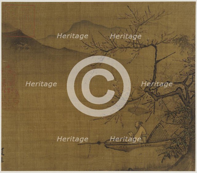 River landscape:a man reading in a boat moored under a blossoming tree, Ming dynasty,1368-1644. Creator: Unknown.