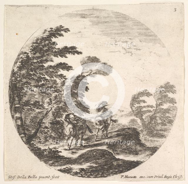 Plate 3: a gale in the forest, two horsemen wrapped in their cloaks, the wind is bl..., ca. 1643-48. Creator: Stefano della Bella.