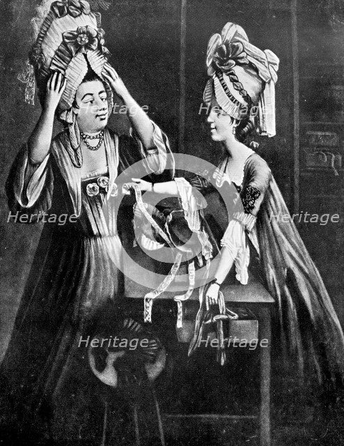 'A Milliner's Shop; Mrs Monopolize, the butcher's wife, purchasing a modern head dress', 1772. Artist: Unknown