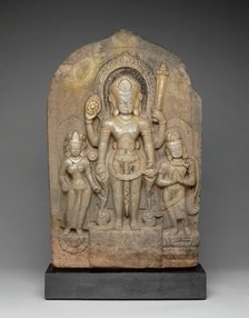 God Vishnu with Goddess Lakshmi and His Mount, Garuda, in Attendance, 11th century. Creator: Unknown.