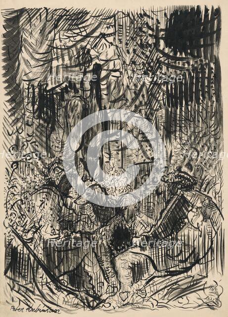 Hunters with a caught fox, 1940-1944. Creator: Arnold Peter Weisz-Kubincan.