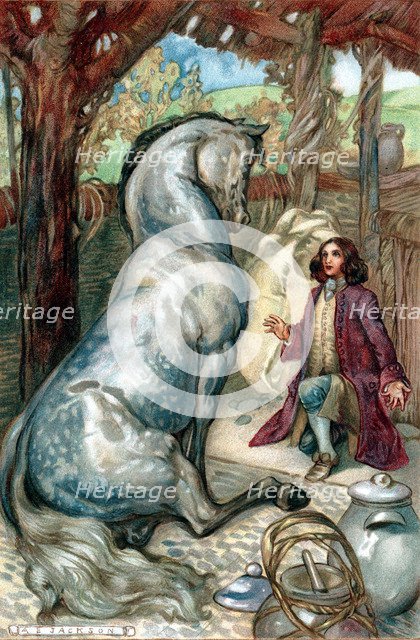 Lemuel Gulliver, set ashore after a mutiny, finds himself in kingdom of the Houyhnhns. Artist: Unknown